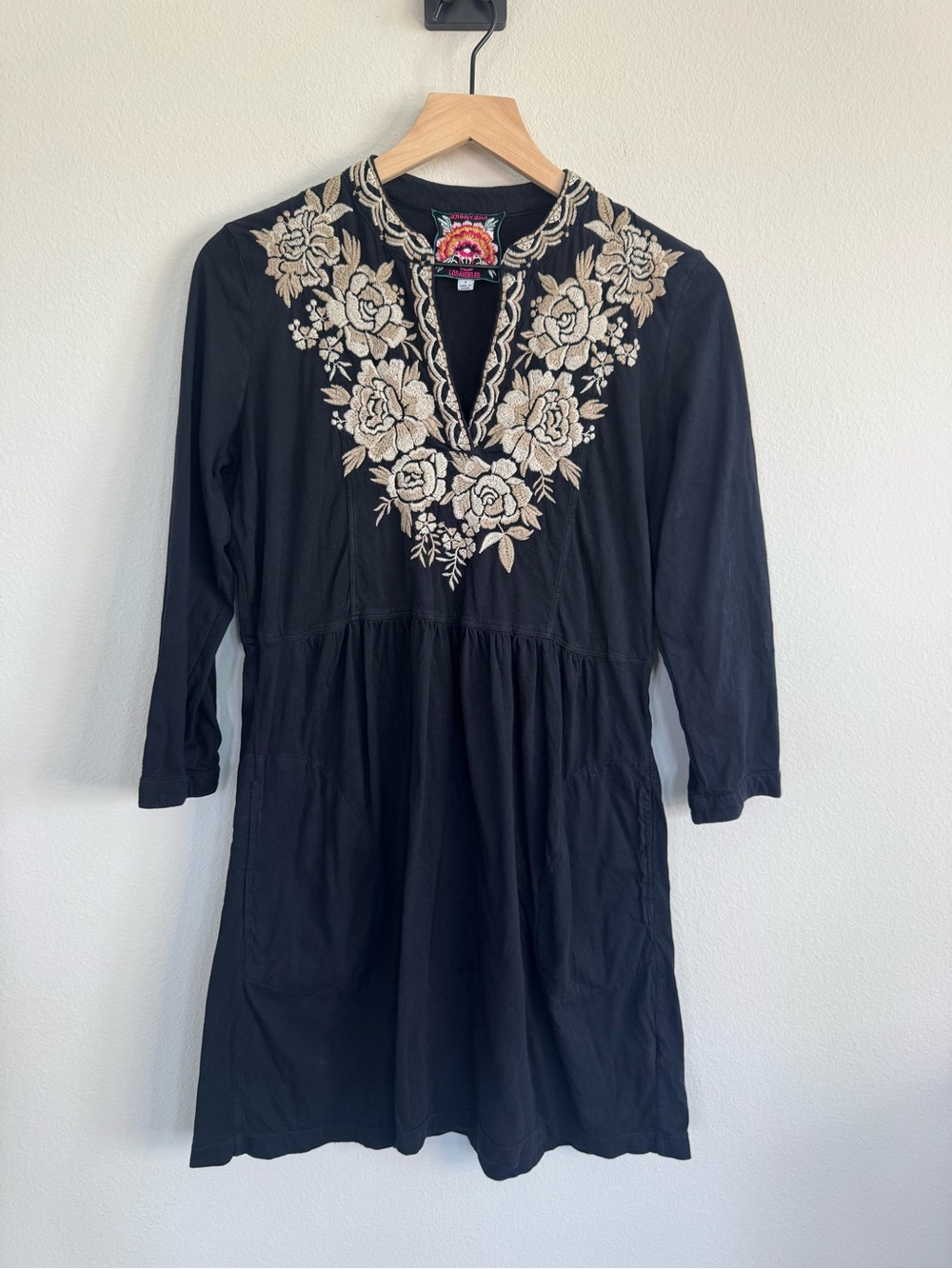 Johnny Was Black Embroidered Cotton Tunic Dress Boho Floral Small